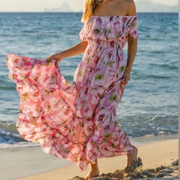 Miss June Paris Pink Floral Off-Shoulder Maxi Dress - Picture 2 of 14